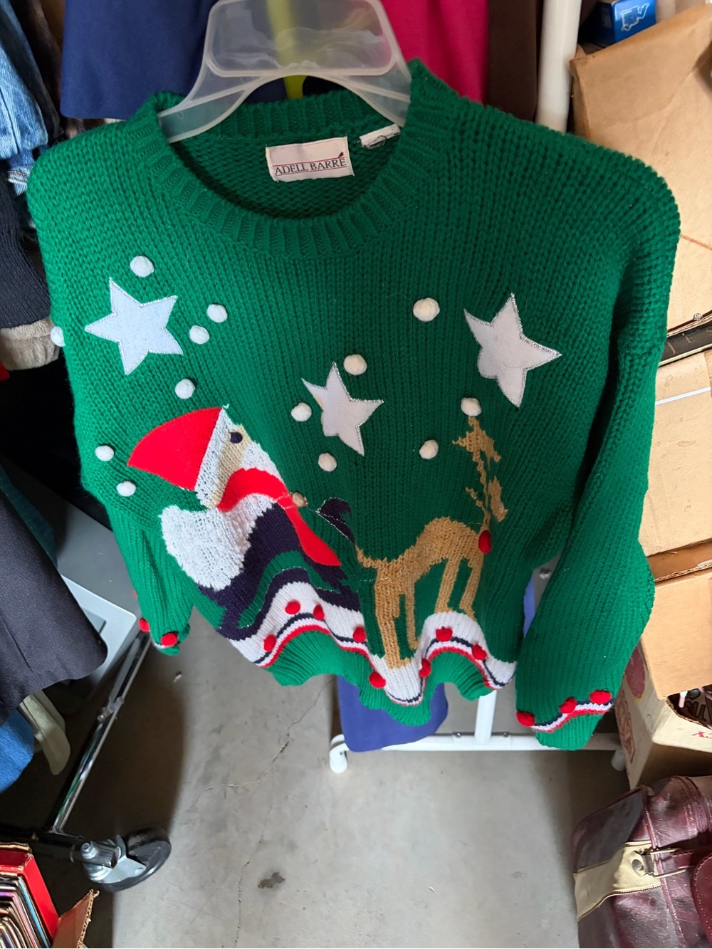 Vintage Adell Barre Green Christmas Sweater with Santa and Reindeer